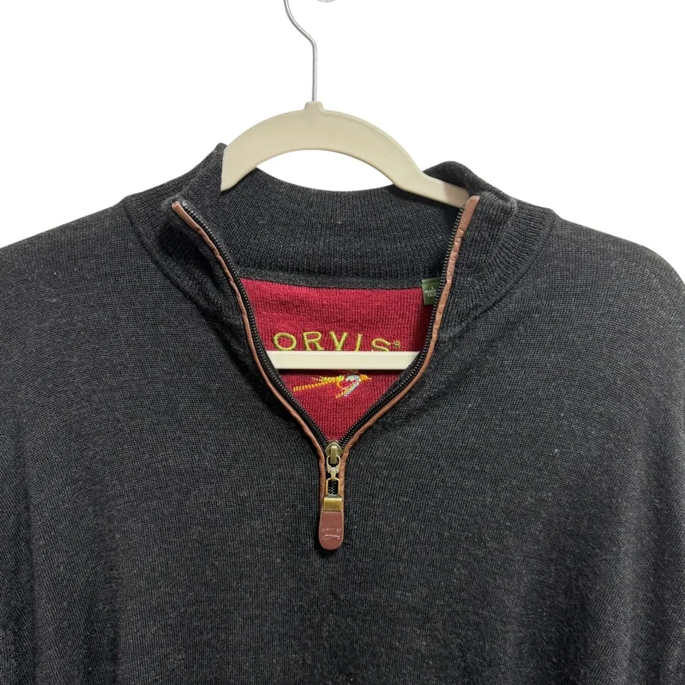 Orvis Mens 100% Merino Wool Quarter Zip Sweater Charcoal Gray Mock Neck Large